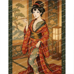 May include: Illustration of a woman in a red kimono with floral patterns, holding a pipe. The artwork features a traditional Japanese aesthetic, with a detailed background of a room with a paper lantern and a landscape painting. The woman has a tattoo on her leg.