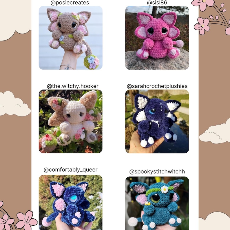 K&ouml;nnte beinhalten: Eine Sammlung von sechs geh&auml;kelten Pl&uuml;schtieren in verschiedenen Farben, darunter rosa, braun, wei&szlig;, blau und t&uuml;rkis. Jedes Spielzeug hat gro&szlig;e Augen und ein einzigartiges Design. Die Spielzeuge werden auf einem wei&szlig;en Hintergrund mit einem Blumenmuster pr&auml;sentiert.