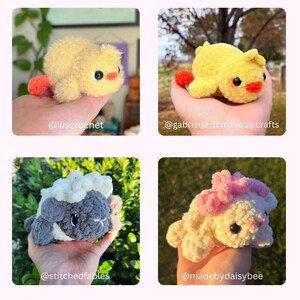 May include: Four handmade crochet plush animals: a yellow duck, a yellow duckling, a gray and white sheep, and a cream-colored pony with pink accents. Each plush has black eyes and a red or pink beak. The plushies are displayed against a natural background.