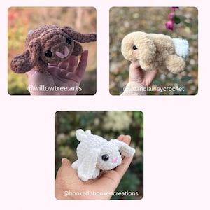 May include: Three crocheted bunny rabbits in brown, tan, and white are displayed. Each bunny has floppy ears, a small pink nose, and black eyes. The bunnies are held in hands against a blurred background. The text "@willowtree.arts", "@luzandlaineycrochet", and "@hookednbookedcreations" are visible.