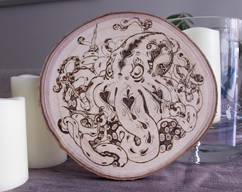 Japanese Style Octopus with Daggers Woodburn, Handmade, Pyrography