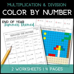 Summer Color by Number Multiplication Division Worksheet 3rd Grade Math Review Worksheet