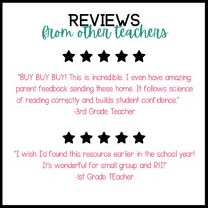 Pode incluir: Um fundo branco com texto preto que diz "REVIEWS from other teachers". Cinco estrelas pretas s&atilde;o exibidas acima do texto "BUY BUY BUY! This is incredible. I even have amazing parent feedback sending these home. It follows science of reading correctly and builds student confidence."  O texto "3rd Grade Teacher" est&aacute; abaixo da cita&ccedil;&atilde;o. Cinco estrelas pretas s&atilde;o exibidas acima do texto "I wish I'd found this resource earlier in the school year! It's wonderful for small group and RtI!"  O texto "1st Grade Teacher" est&aacute; abaixo da cita&ccedil;&atilde;o.