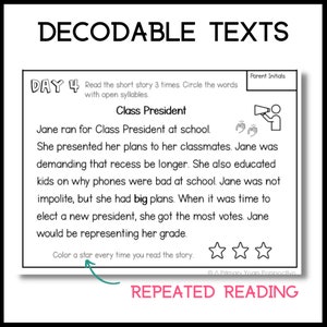 Puede incluir: Una hoja de trabajo en blanco y negro con el texto "DECODABLE TEXTS" en la parte superior. La hoja de trabajo se titula "D&Iacute;A 4" e incluye una historia corta sobre un estudiante que se postula para presidente de clase. El texto "Colorea una estrella cada vez que leas la historia." est&aacute; en la parte inferior de la hoja de trabajo, con tres estrellas debajo.