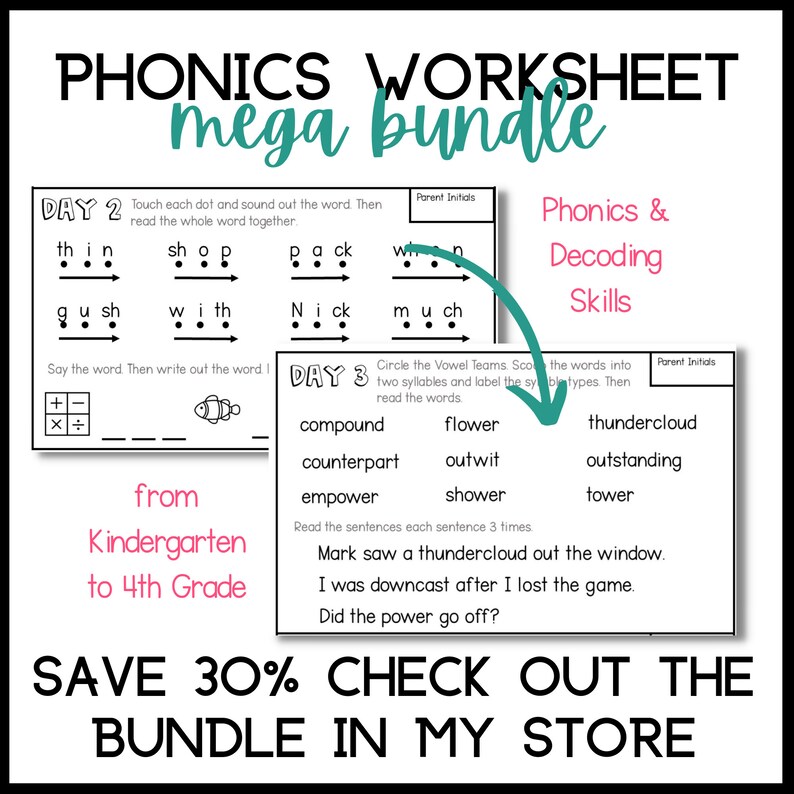 Puede incluir: Una hoja de trabajo en blanco y negro con el t&iacute;tulo "Phonics Worksheet Mega Bundle". La hoja de trabajo incluye actividades de fon&eacute;tica y decodificaci&oacute;n para ni&ntilde;os de jard&iacute;n de infantes a 4to grado. El texto "Save 30% Check Out The Bundle In My Store" est&aacute; en la parte inferior de la hoja de trabajo.