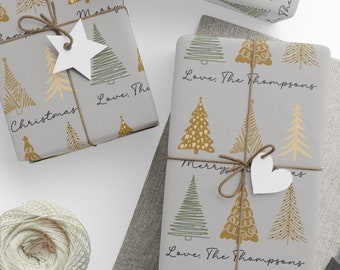Personalized Gold Christmas Tree Wrapping Paper, Customizable Holiday Gift Wrap, Unique Seasonal Wrapping Role, Xmas Decor,