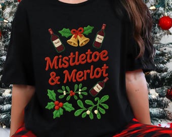 Funny Christmas Tee for Holiday Party,  Faux Yarn Holiday Pajama Shirt for Him and Her, Wine Lover Tee