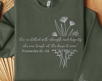 She Is Clothed in Strength Floral Cross Sweatshirt, Christian Mom Gift, Faith Apparel Women