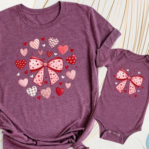 Hearts Coquette Bow Shirt Mama Mini Matching Tees, Mommy And Me Bow T-Shirt, Valentines Day Tee, Mothers Day Shirt, Coquette New Mom Shirt