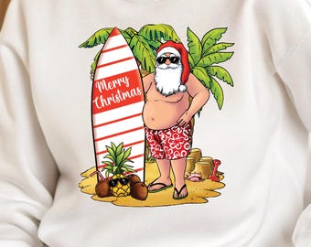 Tropical Santa Christmas Sweatshirts Hawaiian Xmas Hoodie Tropical Christmas Sweater Santa Beach Sweatshirt Christmas Vacation Long Sleeve