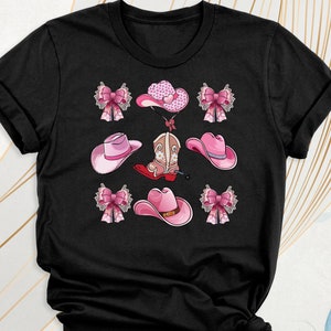 Pink Coquette Cowgirl Shirt, Western Women Tee, Cowgirl Boots Hats Bows Tee, Retro Pink Tee, Cute Cowgirl Outfit, Coquette Aesthetic Tshirt