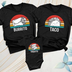 May include: A set of three black t-shirts with a retro sunset design featuring different Mexican food items. The shirts say "Burrito", "Taco", and "Taquito".