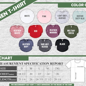 May include: A color chart and size chart for women's t-shirts. The color chart displays various shirt colors, including white, pink, red, and black. The size chart shows chest and length measurements in inches for sizes S to 2XL.