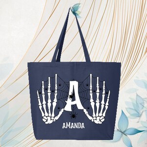 Halloween Custom Name Tote Bag Trick or Treat Tote Bag Teenager Halloween Skeleton Hands Tote Bag Halloween Canvas Tote Women Candy Tote Bag