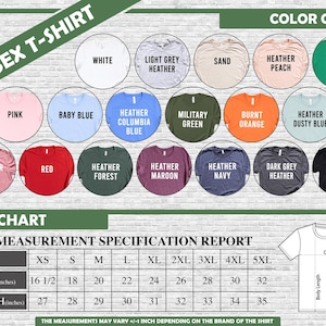 May include: A colour chart and size guide for unisex t-shirts. The chart displays colours like white, pink, and black. The size chart includes chest and length measurements in inches, ranging from XS to 5XL. The text "UNISEX T-SHIRT" is at the top.