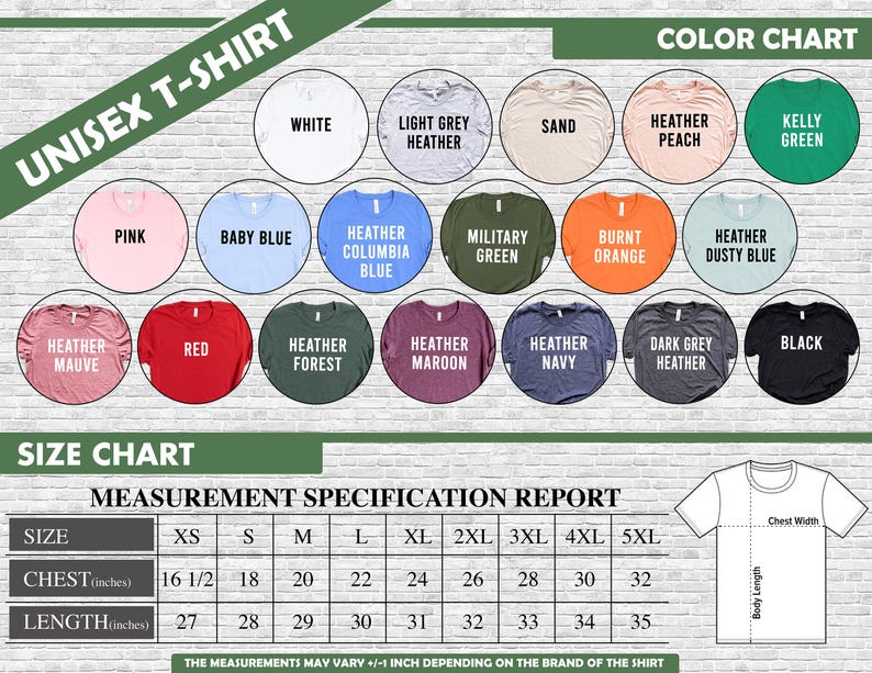 May include: A colour chart and size guide for unisex t-shirts. The chart displays colours like white, pink, and black. The size chart includes chest and length measurements in inches, ranging from XS to 5XL. The text "UNISEX T-SHIRT" is at the top.