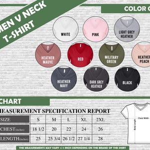 Peut inclure: Un tableau des tailles pour des t-shirts &agrave; col en V pour femmes avec des mesures en pouces. Le tableau indique les mesures de la poitrine et de la longueur pour les tailles S, M, L, XL et 2XL. Le tableau comprend &eacute;galement un nuancier avec 10 options de couleurs diff&eacute;rentes pour les t-shirts.
