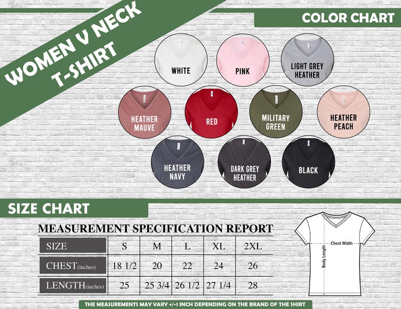 Puede incluir: Una tabla de colores de camisetas de cuello en V para mujer con varios colores, incluyendo blanco, rosa, rojo y negro. La tabla de tallas muestra medidas de pecho de 47 cm a 66 cm y largos de 63,5 cm a 71 cm.