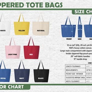 The image is a color chart displaying various zipped tote bags in different colors, sizes, and styles.