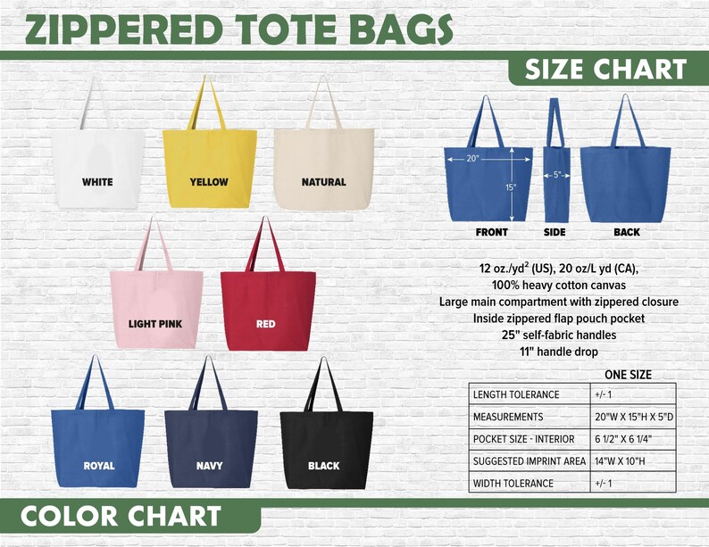 The image is a color chart displaying various zipped tote bags in different colors, sizes, and styles.