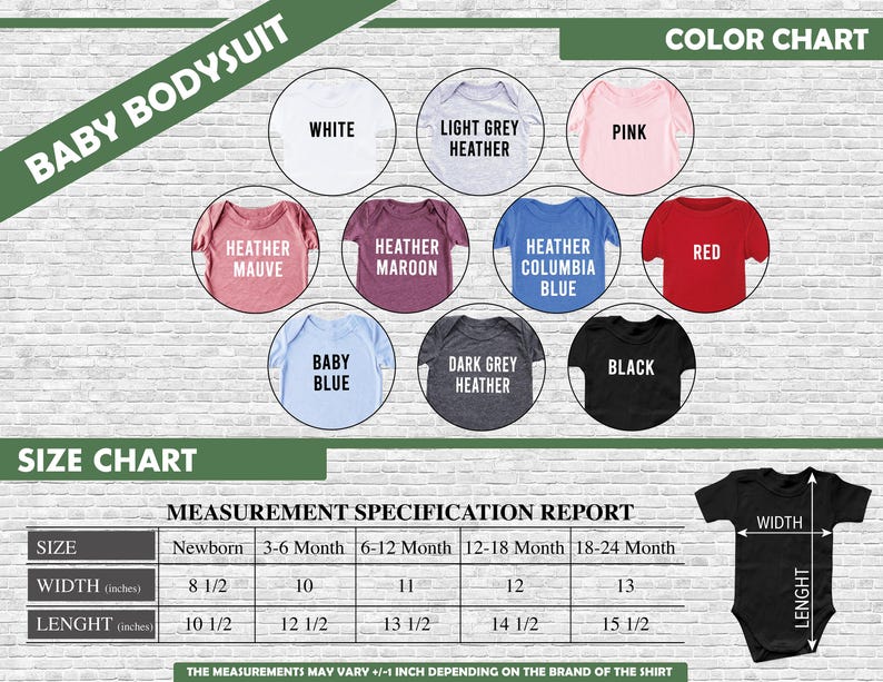 a baby boy's bodysuit size chart with different colors