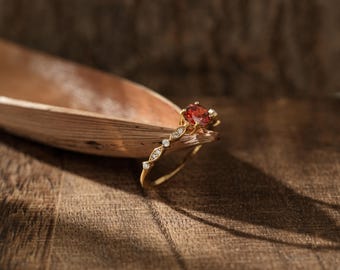 Handmade Vintage Garnet Ring, 14K Gold CZ Stackable Band, Dainty January Birthstone Promise Ring, Red Gem Engagement Jewelry Gift For Her