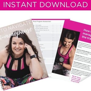 May include: A pink and white spiral bound book with the title "How to Navigate Peri-menopause" and a photo of a woman in a pink tank top. The book is open to a page with the title "How to manage with the transition" and text about managing stress, sleep, and diet.
