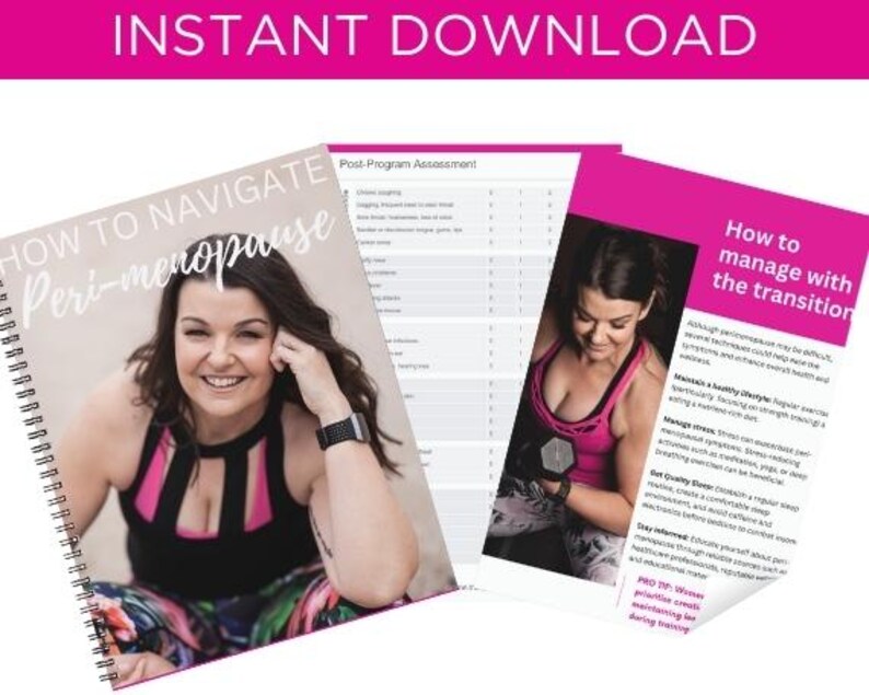 May include: A pink and white spiral bound book with the title "How to Navigate Peri-menopause" and a photo of a woman in a pink tank top. The book is open to a page with the title "How to manage with the transition" and text about managing stress, sleep, and diet.