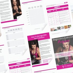 May include: A pink and white fitness guide with the title "How To Manage With The Transition" and a photo of a woman lifting weights. The guide includes a workout plan, a beginners exercise program, and a habit tracker.