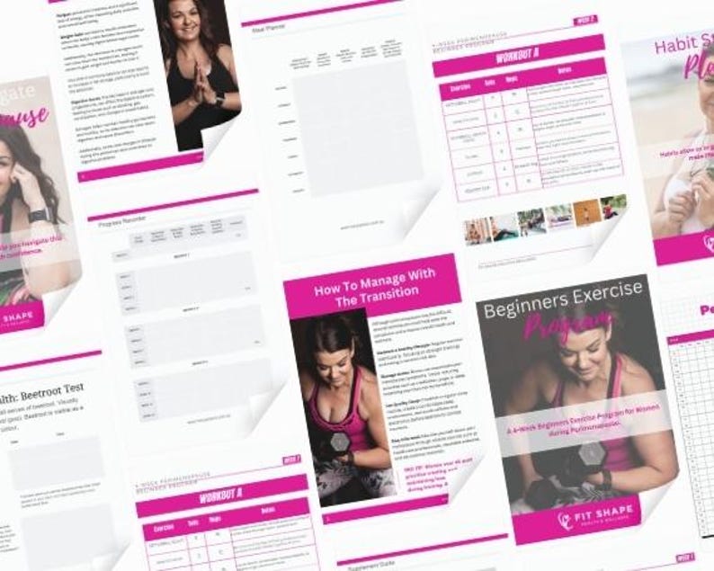 May include: A pink and white fitness guide with the title "How To Manage With The Transition" and a photo of a woman lifting weights. The guide includes a workout plan, a beginners exercise program, and a habit tracker.