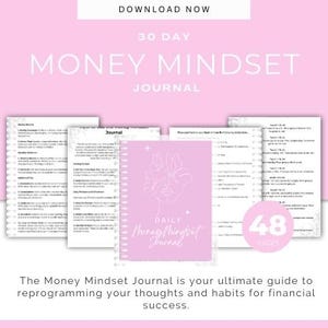 May include: A pink and white 30-day Money Mindset Journal with 48 pages. The journal features a daily prompt section and a space for journaling. The cover has a stylized illustration of a hand with a star above it.