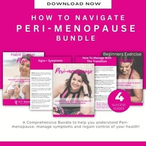 May include: A pink background with the text "DOWNLOAD NOW" in white. The text "HOW TO NAVIGATE PERI-MENOPAUSE BUNDLE" is in white and centered on the pink background. Four white rectangular boxes with pink borders contain the text "Habit Starter Plan", "Signs & Symptoms", "How to Navigate Peri-menopause", and "Beginners Exercise How to Manage With The Transition". Each box features a woman's face and text. A white circle with a pink border contains the text "4 SUCCESS GUIDES". The text "A Comprehensive Bundle to help you understand Peri-menopause, manage symptoms and regain control of your health!" is in white and centered on the pink background.