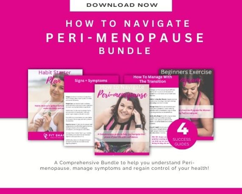 May include: A pink background with the text "DOWNLOAD NOW" in white. The text "HOW TO NAVIGATE PERI-MENOPAUSE BUNDLE" is in white and centered on the pink background. Four white rectangular boxes with pink borders contain the text "Habit Starter Plan", "Signs & Symptoms", "How to Navigate Peri-menopause", and "Beginners Exercise How to Manage With The Transition". Each box features a woman's face and text. A white circle with a pink border contains the text "4 SUCCESS GUIDES". The text "A Comprehensive Bundle to help you understand Peri-menopause, manage symptoms and regain control of your health!" is in white and centered on the pink background.