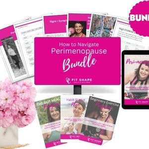 May include: A pink and white bundle of digital resources for navigating perimenopause. The bundle includes a guide, a habit starter plan, a gut healing plan, and a beginner's exercise plan. The title of the bundle is "How to Navigate Perimenopause Bundle".