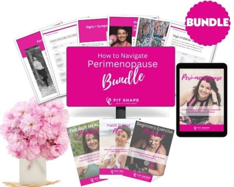 May include: A pink and white bundle of digital resources for navigating perimenopause. The bundle includes a guide, a habit starter plan, a gut healing plan, and a beginner's exercise plan. The title of the bundle is "How to Navigate Perimenopause Bundle".