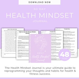 Puede incluir: Una descarga digital púrpura y blanca para un diario de 30 días sobre la mentalidad de la salud con 48 páginas. El diario incluye declaraciones de salud, archivos de salud y sugerencias y reflexiones diarias. El texto "DESCARGAR AHORA" está en la parte superior de la imagen.