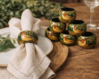 Vintage Lacquered Wood Napkin Rings Set 8 Hand Painted Birds Green