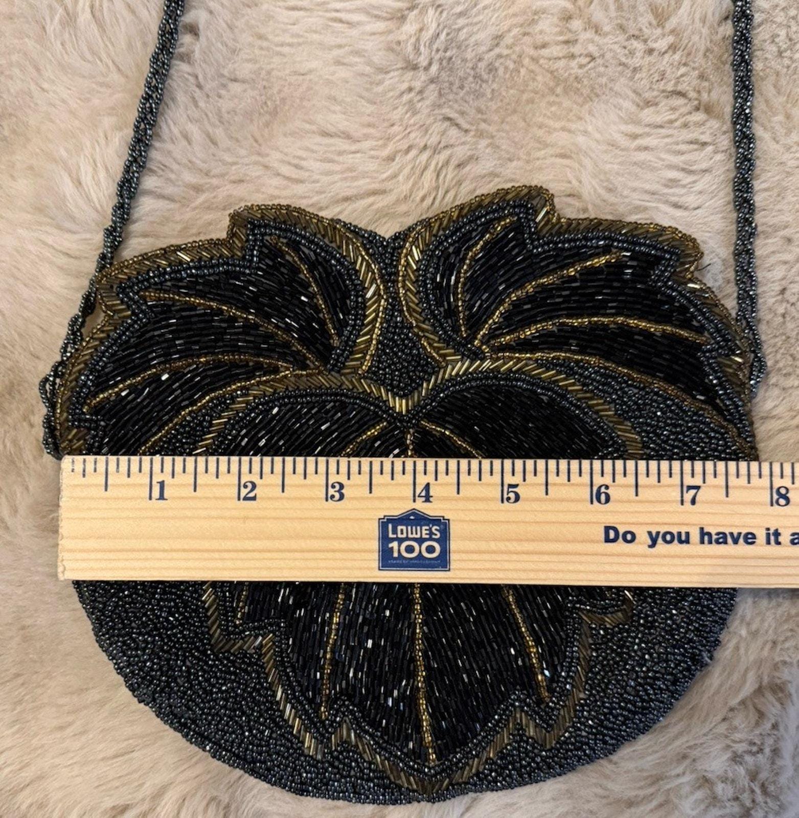 Vintage Beaded Evening Purse Black Gold Floral Art Deco Style Shoulder ...