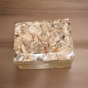 May include: A rectangular decorative box with a clear, resin-like exterior. The interior is filled with a mosaic of beige, tan, and brown natural materials, creating a unique, textured appearance. The box sits on a wooden surface.