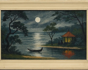 Vintage asiatiskt influerad oljemålning med månbelyst sjö – inramad 8x16 landskap MCM