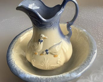 Vintage Blue Ironstone Pitcher And Basin With Geese Motif 19th Century Preowned
