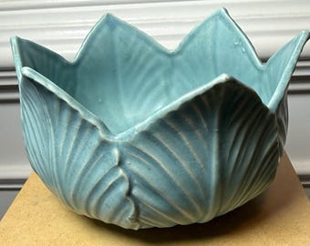 Vintage MCM Blue Leaf Lotus Bowl Mauve Japan Ceramic Planter Centerpiece