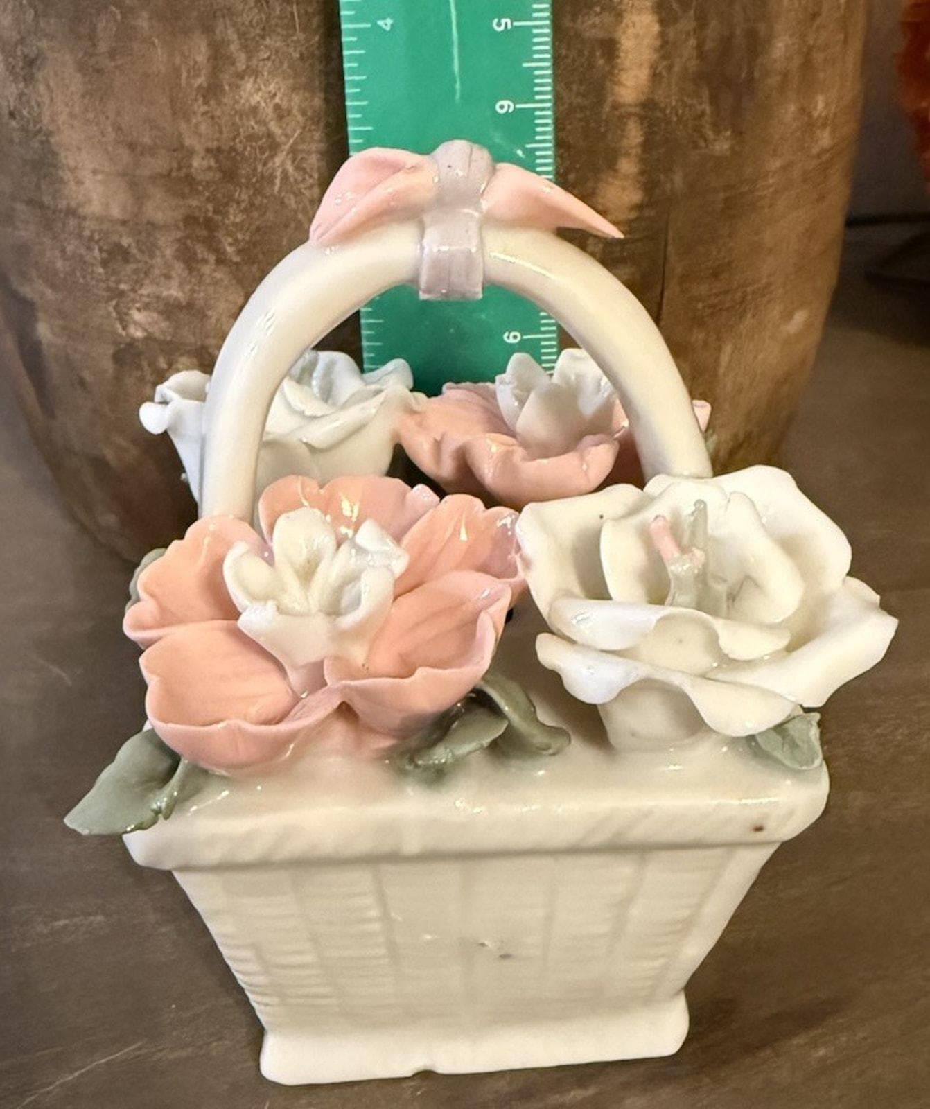 Vintage Porcelain Flower Basket Figurine Pink White Roses Made in