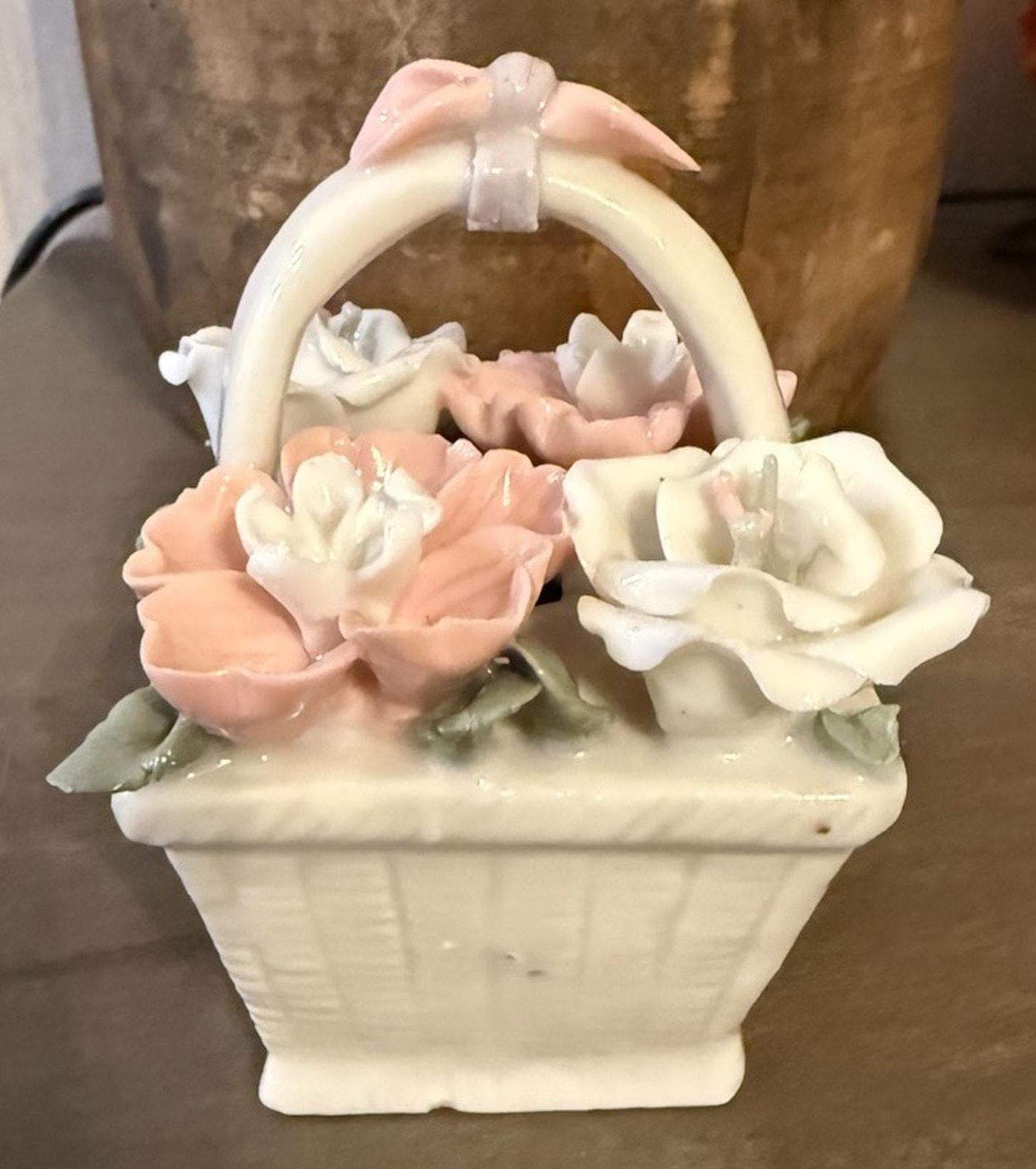 Vintage Porcelain Flower Basket Figurine Pink White Roses Made in