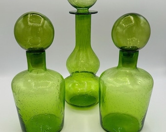 Vintage Mid-Century Green Bubble Glass Decanter Set of 3 with Stoppers