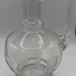 Vintage Footed Etched Glass Wine Decanter with Applied Handle Floral Pattern