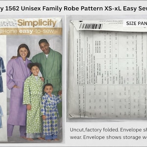 May include: Simplicity 1562 Unisex Family Robe Pattern XS-XL. The pattern envelope shows a family wearing robes in various colors. The pattern is uncut and easy to sew. The envelope shows some wear.