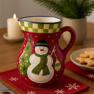 Laurie Gates Christmas Pitcher Snowman Hand Painted Ceramic Holiday Serveware