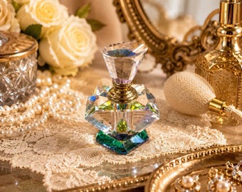Vintage Faceted Crystal Perfume Bottle Green Blue Glass Base Gold Tone Stopper