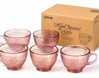 Juego de 4 tazas de té de cristal rosa con grabado floral y caja de Home Interiors Vintage